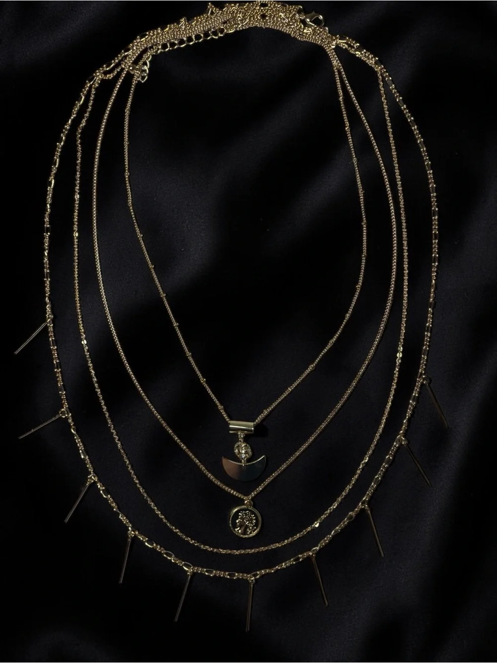 Gold 4 Layered Crescent & Coin Pendant Necklace Set - Picture 6 of 10